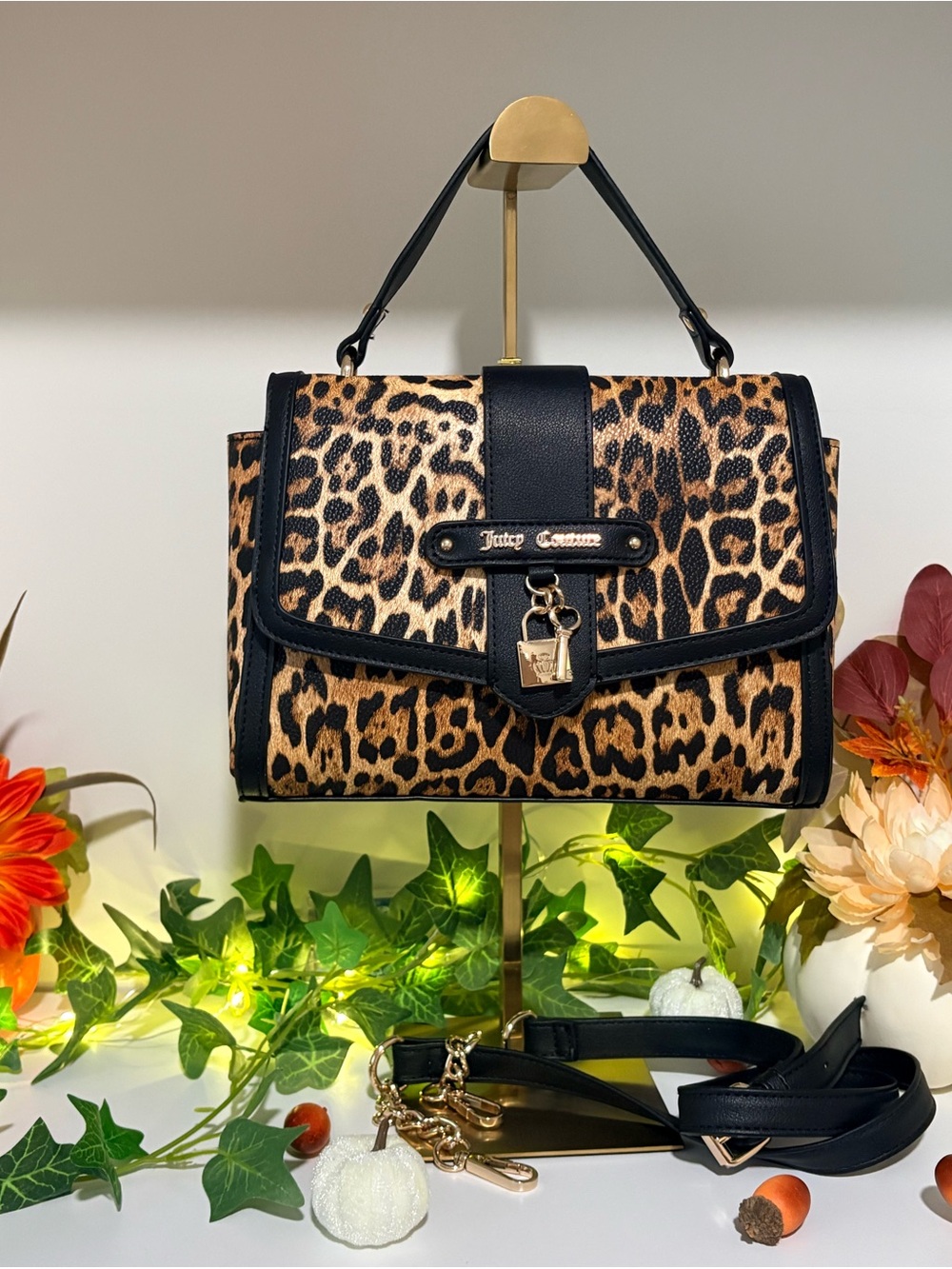 Juicy Couture Leopard Print Satchel with Black Trim and Gold Hardware